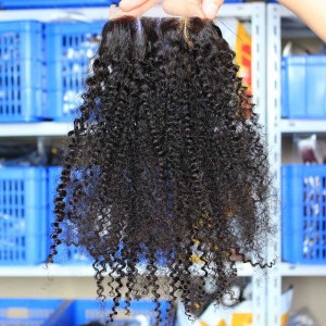 European Virgin Hair Afro Kinky Curly Three Part Lace Closure 4x4inches Natural Color