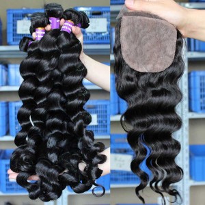 Malaysian Virgin Hair Loose Wave 4X4inches Three Part Silk Base Closure with 3pcs Weaves