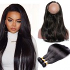 Peruvian Virgin Hair 360 Lace Frontal Band Straight with 3 Bundles Pre-Plucked Natural Hairline Lace Frontal Bleached Knots