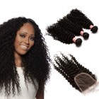 Brazilian Virgin Human Kinky Curly Hair Extensions 3 Bundles with 1 closure Natural Color Dyeable